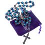 Nazareth Store Deep Blue Crystal Beads Rosary Necklace Holy Soil Medal & Cross Crucifix Christian Handmade Religious Rosaries