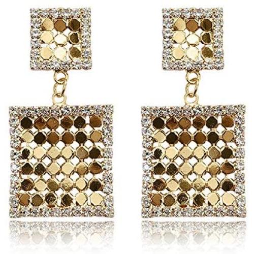D.Rosse Lightweight Sequin Crystal Dangle Earring Metal Mesh Grid Tassel Drop Earrings Long Gold Shining Square Stud Earrings for Women Girls