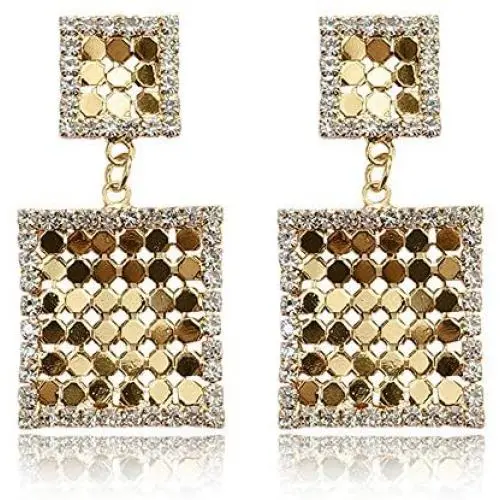 D.Rosse Lightweight Sequin Crystal Dangle Earring Metal Mesh Grid Tassel Drop Earrings Long Gold Shining Square Stud Earrings for Women Girls