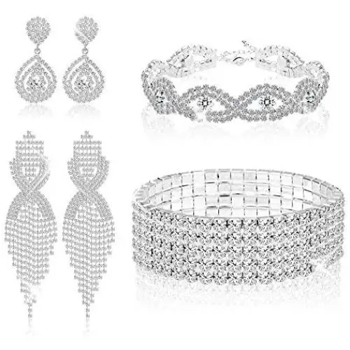 LOLIAS Womens Silver Plated White Clear Rhinestone Crystal Wedding Bridal Bridesmaid Earring and Bracelet Set Drop Dangle Earrings Jewelry Link Tennis Bracelet
