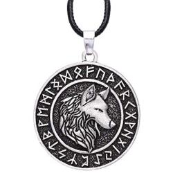 HAQUIL Viking Jewelry Viking Runes Coin Wolf Pendant Leather Cord Necklace for Men and Women, 19.7''