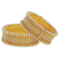 Efulgenz Fashion Jewelry Indian Bollywood 14 K Gold Plated Faux Pearl Crystal Cuff Bracelets Bangle Set (2 Pc)