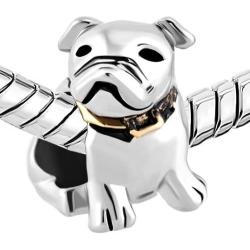 QueenCharms Silver Plated Cute British English Bulldog with Golden Collar Animal Charm for Bracelet