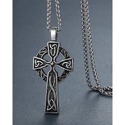 Aoiy Mens Stainless Steel Large Celtic Cross Irish Knot Pendant Necklace, 24'' Link Chain, aap011