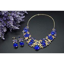 Gold Tone Flower Rhinestone Bridal Wedding Jewelry Set Bib Collar Necklace and Dangle Earrings