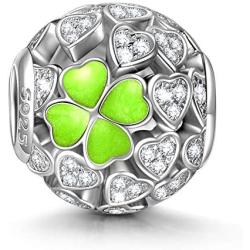 NINAQUEEN St. Patricks Day Decorations Lucky Clover for Mom 925 Sterling Silver Heart Shape Clovers Beads Great for Necklace Jewelry, Lucky Charms with Exquisite Package