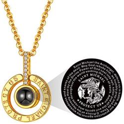 FaithHeart 100 Languages Projective Necklace, Gold Plated Praying Hand/Saint Michael Romantic Gift I Love You Memory Projection Necklaces for Women Men