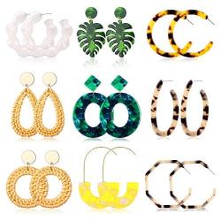 Hanpabum 9 Pairs Statement Rattan Earrings for Women Dangle Drop Earrings Resin Bohemian Hoop Fashion Jewelry Set Girls