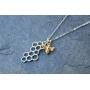 Night Owl Jewelry 24k Gold Plated Bronze Honey Bee and Sterling Silver Honeycomb Necklace- Available in 16'' to 26'' Lengths