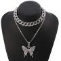 Cuban Link Butterfly Pendant Necklace - Womens Hip Hop Iced Out Choker Chain with Bling Rhinestones, Fashion Accessory for Girls