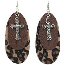 Faux Leather Trendy Double Oval Cross Charm Swing Dangle Large Big Earrings