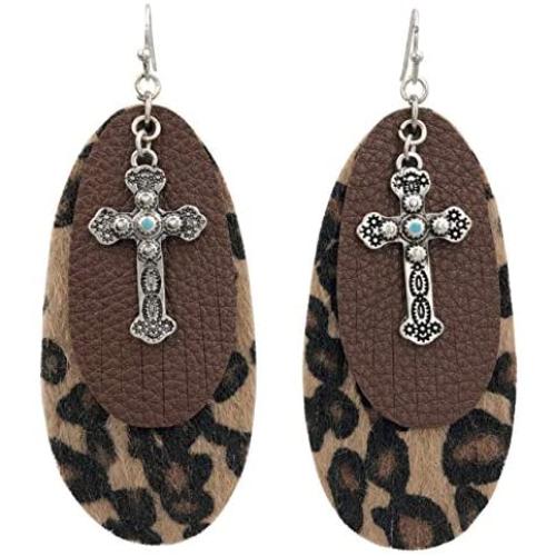Faux Leather Trendy Double Oval Cross Charm Swing Dangle Large Big Earrings
