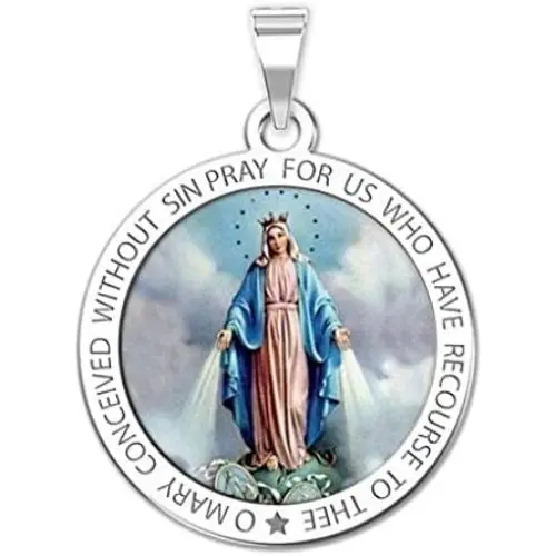 PicturesOnGold.com Miraculous Medal Round Color - Available in Solid 14K Yellow or White Gold, or Sterling Silver