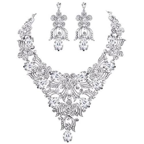 EVER FAITH Womens Austrian Crystal Elegant Flower Teardrop Necklace Earrings Set for Bride, Bridesmaid
