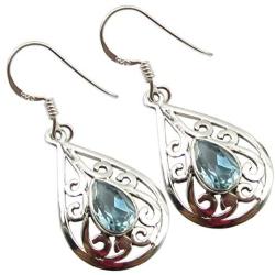 SilverStarJewel Solid Sterling Silver Blue Topaz Celtic Dangling Earrings 1.5''