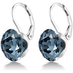 925 Sterling Silver 10MM Cushion Blue Earrings Made with Swarovski Crystals