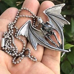 Gothic Halloween Horror Jewelry Winged Vampire Skull Skeleton Corpse Angel of Death Punk Rock Heavy-Metal Biker Protection Amulet Pewter Unisex Mens Pendant Necklace Charm for men Silver Ball Chain