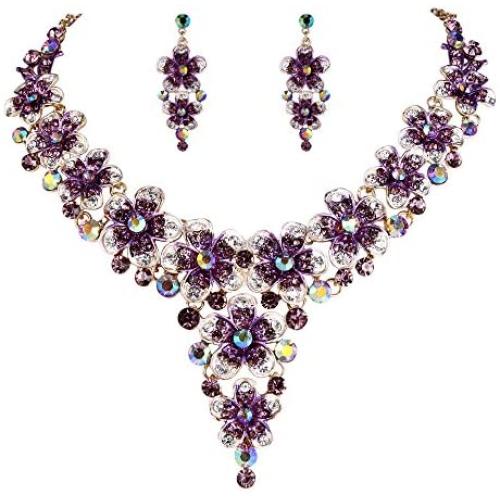 BriLove Womens Wedding Bridal Crystal Multi Hibiscus Flower Enamel Statement Necklace Dangle Earrings Set