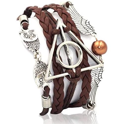 VONDER Handcrafted Harry Potter Bracelet, Antique Silver Harry Potter, Owls, Wings Charm Brown Leather Bracelet Wristband Jewelry Gift