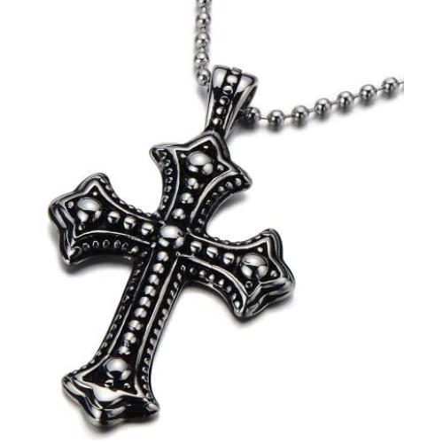COOLSTEELANDBEYOND Gothic Vintage Cross Pendant Necklace Stainless Steel Unisex Silver Black Two-tone 23.6 in Ball Chain