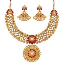 Crunchy Fashion Indian Bollywood Traditional and Modern Kundan polki Look Rhinestone Grand Bridal Designer Jewelry Necklace Earrings Set for Women in Gold Tone