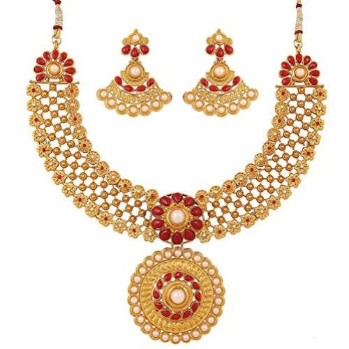 Crunchy Fashion Indian Bollywood Traditional and Modern Kundan polki Look Rhinestone Grand Bridal Designer Jewelry Necklace Earrings Set for Women in Gold Tone