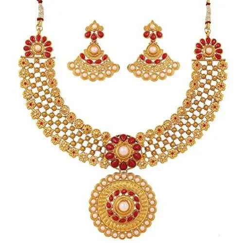 Crunchy Fashion Indian Bollywood Traditional and Modern Kundan polki Look Rhinestone Grand Bridal Designer Jewelry Necklace Earrings Set for Women in Gold Tone