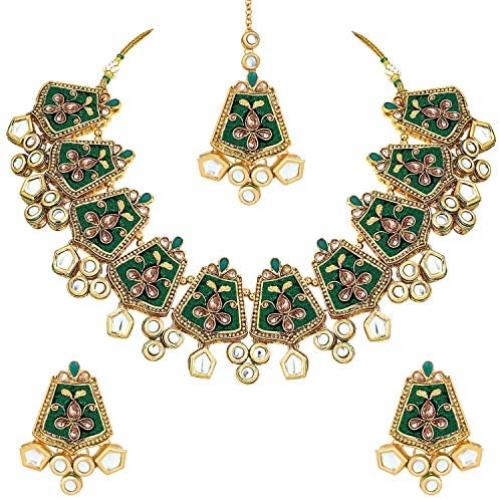 I Jewels Exklusive Gold Plated Kundan & Meenakari Bridal Necklace Set with Earrings & Maang Tikka for Women