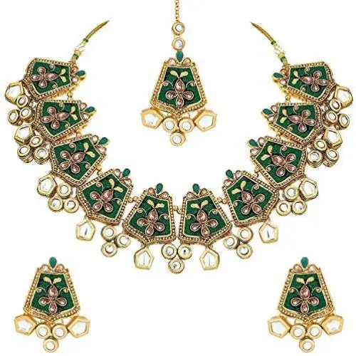 I Jewels Exklusive Gold Plated Kundan & Meenakari Bridal Necklace Set with Earrings & Maang Tikka for Women I Jewels Exklusive Gold Plated Kundan & Meenakari Bridal Necklace Set with Earrings & Maang Tikka for Women