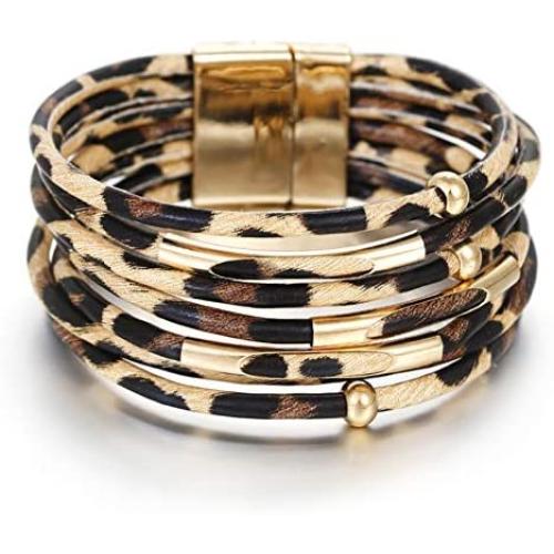 Lingdong Leopard Leather Bracelets for Fashion Women Leather Bracelet & Bangles Elegant Multilayer Wrap Wide Bracelet Jewelry