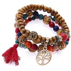 Cocazyw Bohemian Tassel Stretch Beaded Bracelet for Women Girls Crystal Strand Bangle Charm Multilayer Stackable Bracelet