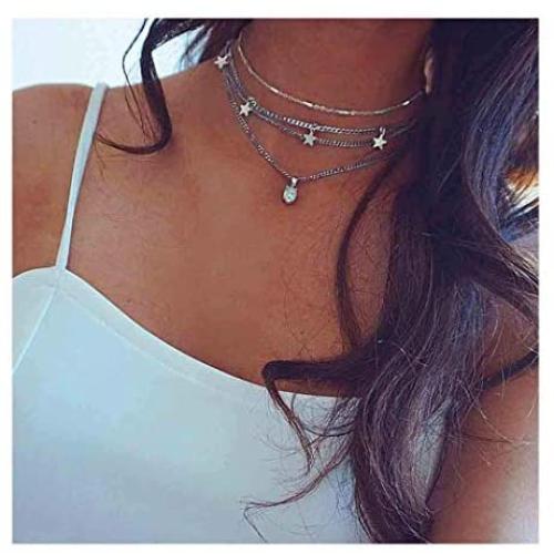NICEMOVIC Boho Layered Star Tassel Choker Necklace Silver Opal Pendant Necklaces Beach Chain Jewelry for Women and Girls