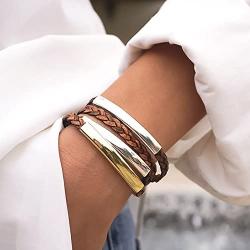 Lizzy James Mini Addison Braided Leather Wrap Bracelet Gold Silver in Natural Antique Brown Leather