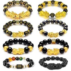Jewdreamer 8PCS Feng Shui Good Luck Bracelets for Men Women Five-Element Obsidian Bead Lucky Charm Pi Xiu Pi Yao Bracelet Chinese Dragon Attract Good Luck and Wealth Jewelry Adjustable Elastic