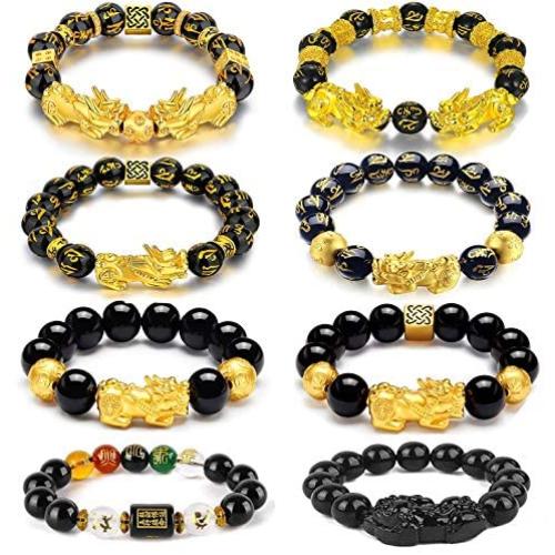 Jewdreamer 8PCS Feng Shui Good Luck Bracelets for Men Women Five-Element Obsidian Bead Lucky Charm Pi Xiu Pi Yao Bracelet Chinese Dragon Attract Good Luck and Wealth Jewelry Adjustable Elastic