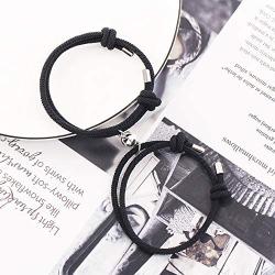 BUREI Couple Bracelets Silver Pendants Braided Rope Bracelet with Magnetic Bells Charms 2 PCS for Women Men