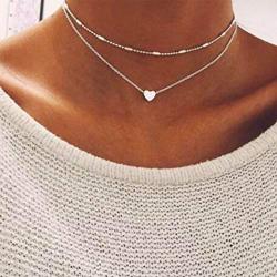 YienDoo Bohemia Multilayer Necklace with Love Heart pendant Boho Choker Chain Jewelry for Woman and Girls (Silver)