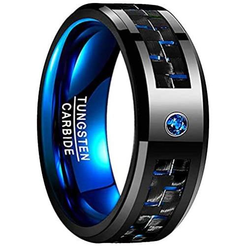 NUNCAD Mens 8mm Black Tungsten Carbide Ring Blue Rings for Men Blue Carbon Fiber Polished Finish Comfort Fit Size 6-15