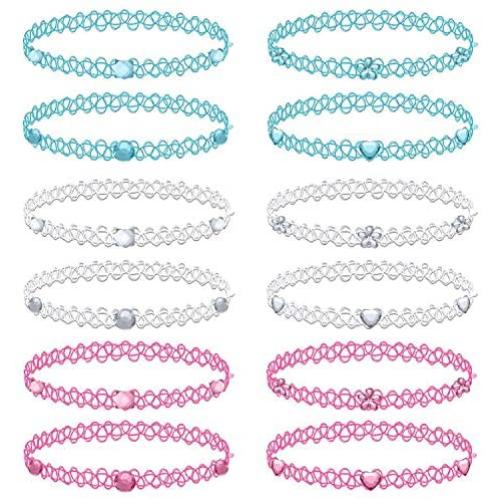 BodyJ4You 12PC Choker Necklace Set Aqua White Pink Stretch Elastic Jewelry Women Girl Kids Gift Pack