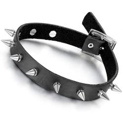 Flongo Gothic Black Rivet Leather Spiked Necklace Neckband Choker, Unisex Spike Studded Punk Rock Biker Wide Strap Leather Collar Necklace, Rivets Spiked Accent Leather Choker