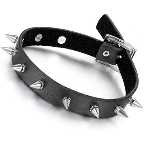 Flongo Gothic Black Rivet Leather Spiked Necklace Neckband Choker, Unisex Spike Studded Punk Rock Biker Wide Strap Leather Collar Necklace, Rivets Spiked Accent Leather Choker