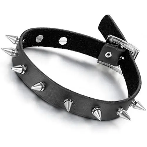 Flongo Gothic Black Rivet Leather Spiked Necklace Neckband Choker, Unisex Spike Studded Punk Rock Biker Wide Strap Leather Collar Necklace, Rivets Spiked Accent Leather Choker