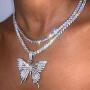 Statement Big Butterfly Pendant Chunky Chain Bling Bling Choker Necklace Dainty Double Layer Rhinestone Crystal Tennis Chain Tiered Collar Necklace for Women Girl Party Jewelry Gift