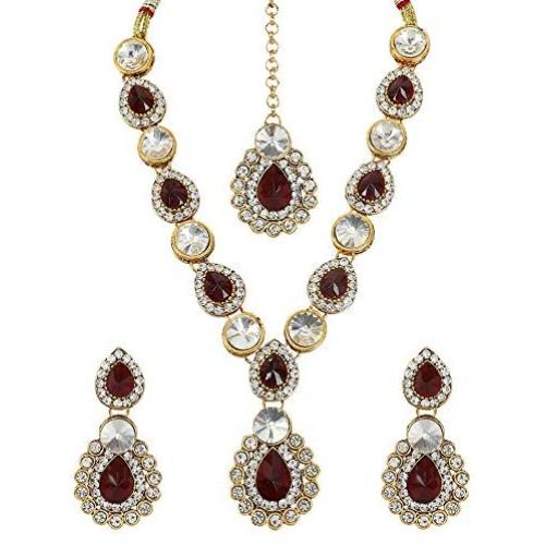 MUCH-MORE Indian Bollywood Bridal Necklace Earring with Maang Tikka Gold Tone Jewelry Set for Women