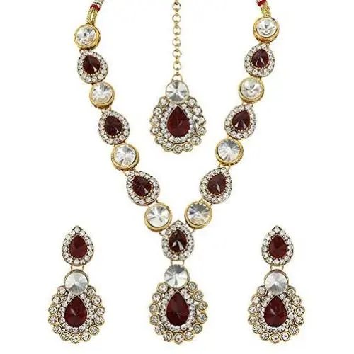 MUCH-MORE Indian Bollywood Bridal Necklace Earring with Maang Tikka Gold Tone Jewelry Set for Women MUCH-MORE Indian Bollywood Bridal Necklace Earring with Maang Tikka Gold Tone Jewelry Set for Women