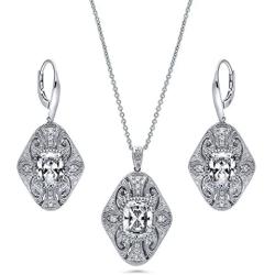 BERRICLE Rhodium Plated Sterling Silver Cubic Zirconia CZ Art Deco Filigree Milgrain Fashion Necklace and Earrings Set