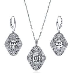 BERRICLE Rhodium Plated Sterling Silver Cubic Zirconia CZ Art Deco Filigree Milgrain Fashion Necklace and Earrings Set