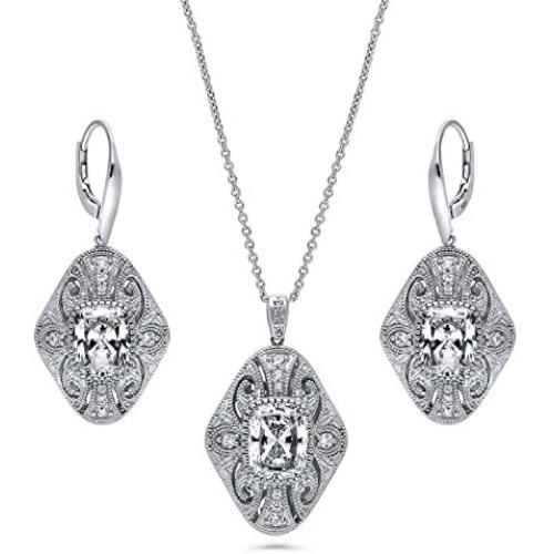 BERRICLE Rhodium Plated Sterling Silver Cubic Zirconia CZ Art Deco Filigree Milgrain Fashion Necklace and Earrings Set