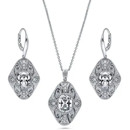 BERRICLE Rhodium Plated Sterling Silver Cubic Zirconia CZ Art Deco Filigree Milgrain Fashion Necklace and Earrings Set BERRICLE Rhodium Plated Sterling Silver Cubic Zirconia CZ Art Deco Filigree Milgrain Fashion Necklace and Earrings Set