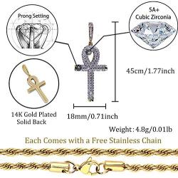 TOPGRILLZ 14K Gold Plated Iced Out CZ Lab Diamond Ankh Cross Egyptian Pendant for Men and Women with 24'' Stainless Steel Chain Necklace